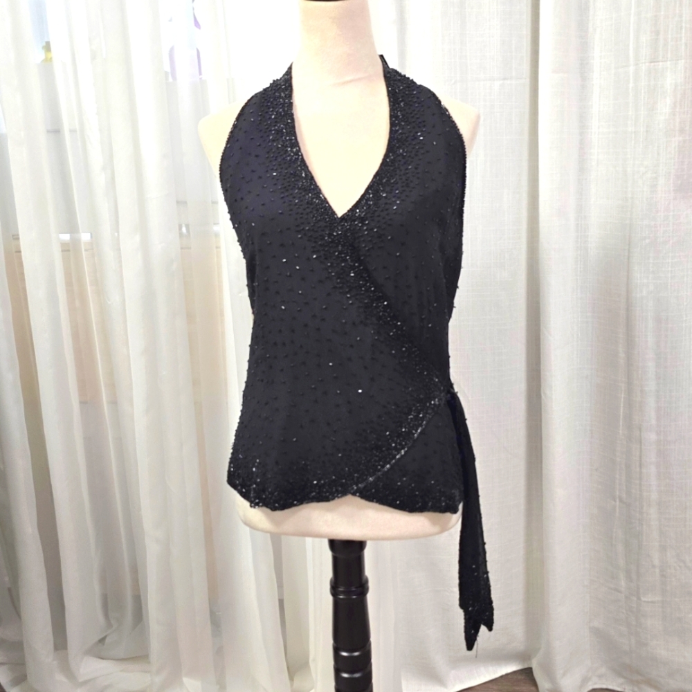 NWT JKara Faux Wrap Black Beaded Top Womens Plus Size 18 Sleeveless Glam - Picture 1 of 16